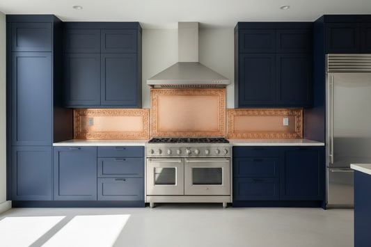 Three hand-hammered copper backsplash panels with Greek key border and open hammered field design installed beneath sleek stainless steel range hood with dark cabinets — wide side panels filling full wall with thin shadow gap between panels