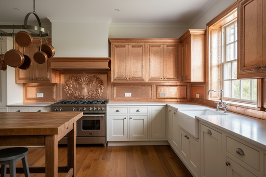 Full two-wall custom layout hand-hammered copper kitchen backsplash — stove wall with wheat sheaf and harvest wreath repoussé center panel and wheat stalk border side panels, coordinated sink wall with matching copper panels flanking window and below sill, warm rose-gold copper, complete kitchen installation