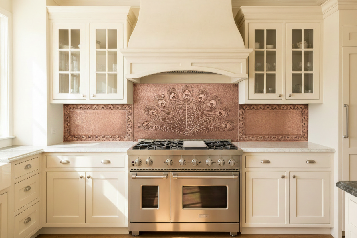 Three hand-hammered copper backsplash panels in traditional white kitchen — wide center panel behind range with symmetrical peacock feather fan repoussé relief, side panels with repeating peacock feather eye border motif, warm rose-gold copper, marble countertops, plaster range hood