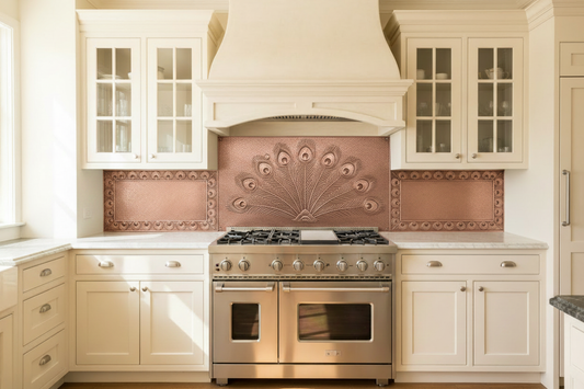 Three hand-hammered copper backsplash panels in traditional white kitchen — wide center panel behind range with symmetrical peacock feather fan repoussé relief, side panels with repeating peacock feather eye border motif, warm rose-gold copper, marble countertops, plaster range hood