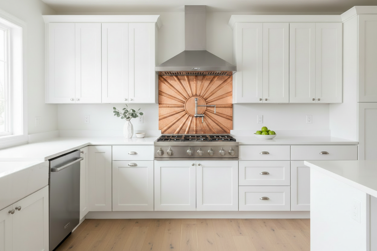 Single hand-hammered copper kitchen backsplash panel with medallion sunburst repoussé design and pot filler cutout, installed behind stove in white kitchen
