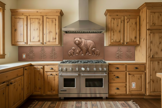 Copper professional range backsplash with bear family center panel, matching pine tree side panels, outlet cutouts, low relief, warm pine cabin kitchen