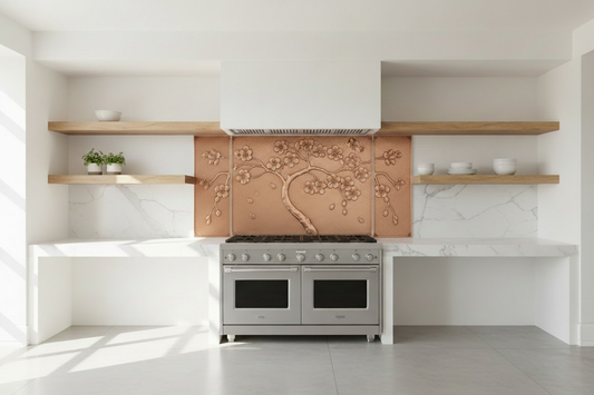 Three tall copper panels spanning full kitchen wall in open-shelf kitchen — refined Japanese cherry blossom tree in repoussé relief on center panel with S-curved trunk, branching blossoms and falling petals, slender branch side panels, warm natural copper tone matching magnolia reference, fine stipple background, open floating wood shelves, white marble countertop