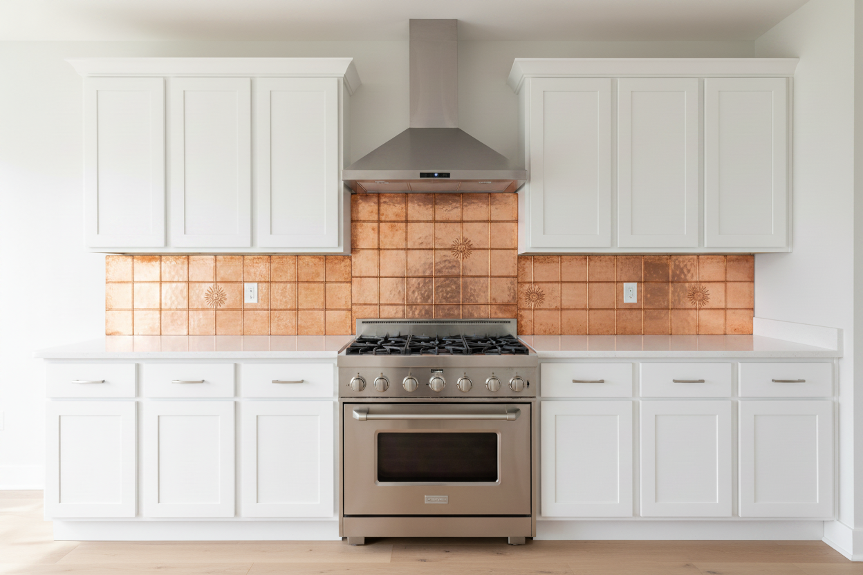 Three separate hand-hammered copper backsplash panels with square grid sunburst repoussé design installed in a remodeled kitchen — tall center panel behind stove, two shorter side panels