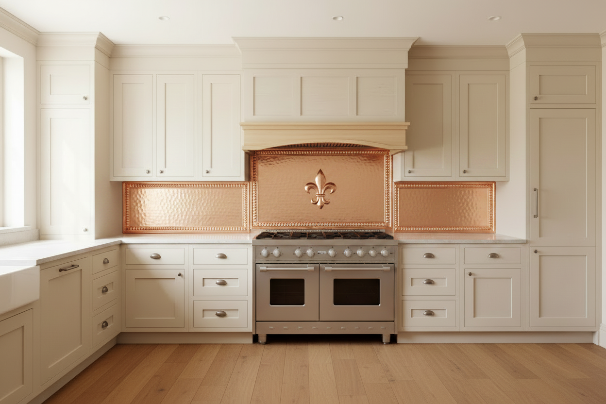 Three hand-hammered copper backsplash panels with egg-and-dart ornamental border and hero fleur-de-lis repoussé design installed beneath elegant decorative range hood — large fleur-de-lis on tall center panel, open hammered interior on wide side panels, clean fresh copper tone