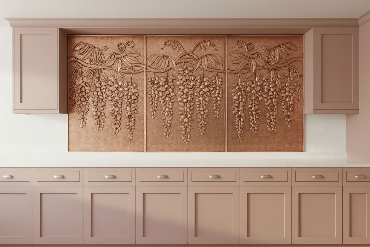 Three copper panels spanning wall-to-wall in warm blush dusty rose kitchen — cascading wisteria flower clusters hanging from horizontal branch in repoussé relief across all three panels, dense pendulous blooms and compound leaves, warm natural copper tone matching magnolia reference, fine stipple background, black hairline seams, blush shaker cabinets, white quartz countertop