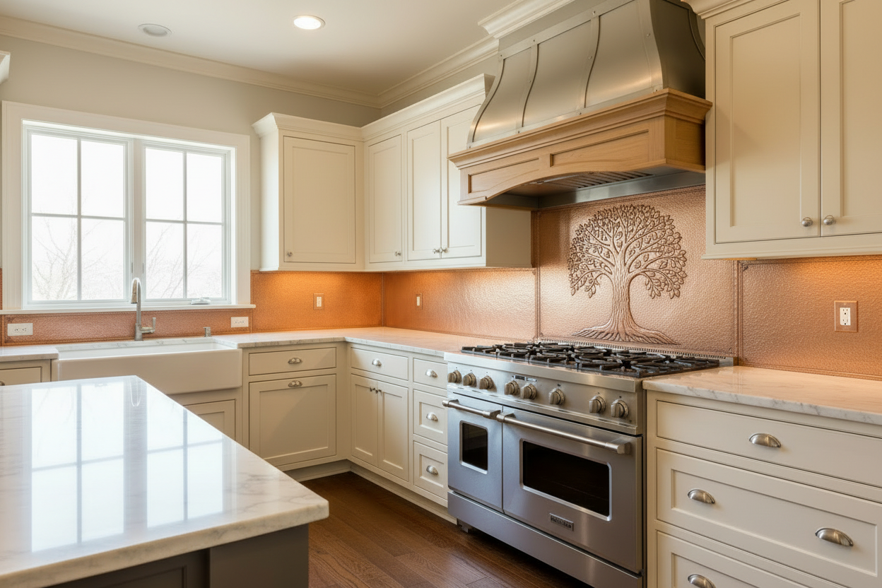 Coordinated hand-hammered copper backsplash across two kitchen walls — symmetrical Tree of Life repoussé on tall center stove panel with wide side panels, matching copper panels flanking window on sink wall, warm rose-gold copper, traditional white kitchen with marble countertops