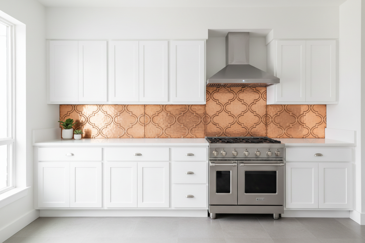 Three separate hand-hammered copper backsplash panels with quatrefoil grid repoussé design installed behind an off-center stove — tall center panel with wider left side panel and narrower right side panel