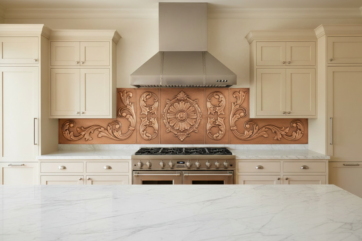 Full 3-piece copper backsplash set in grand traditional kitchen — baroque acanthus medallion center panel 48x30 inches behind 48-inch range with symmetrical scroll side panels, warm natural copper tone, fine stipple background, moderate smooth repoussé relief, white shaker cabinets, marble countertop