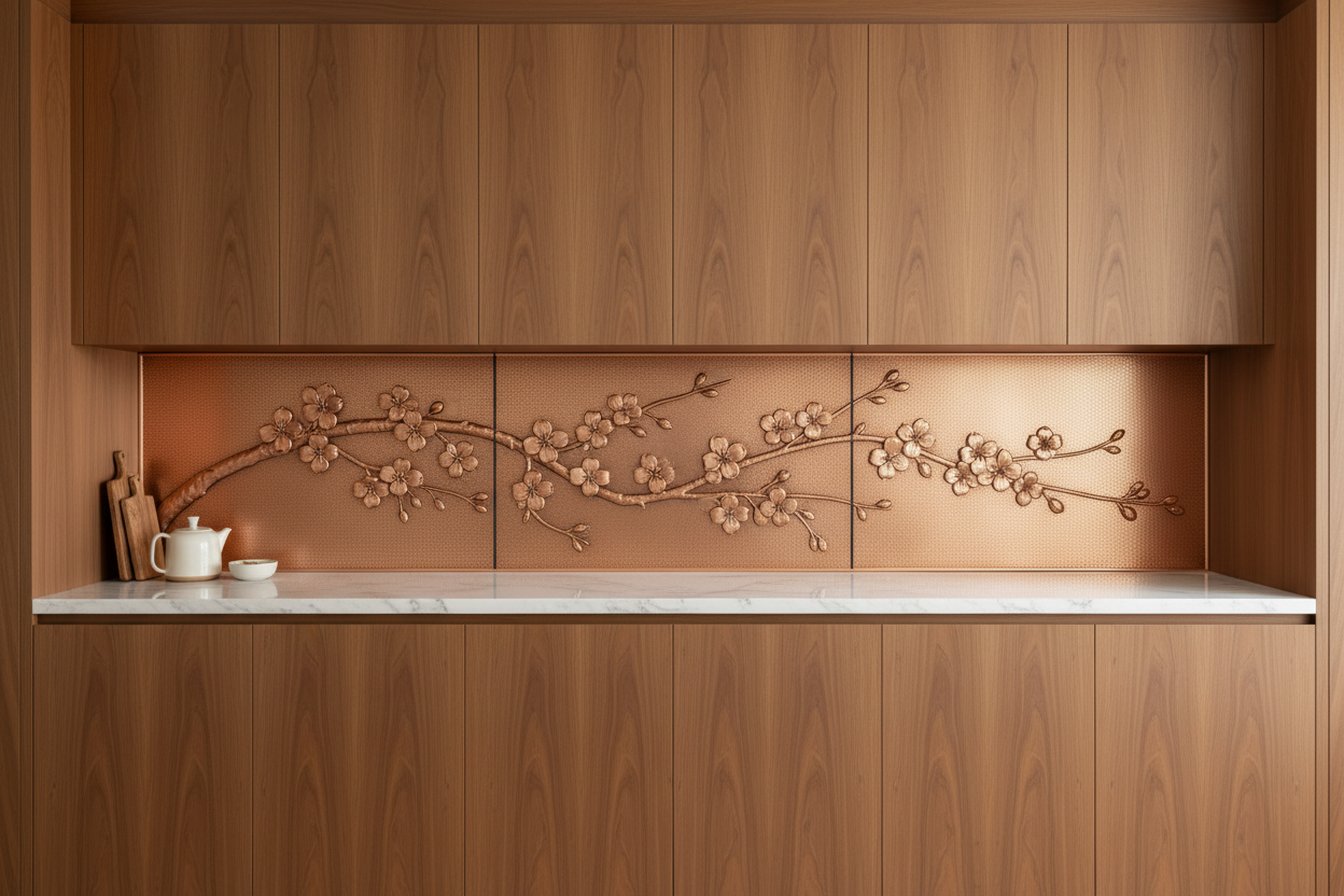 Three copper panels spanning full-length kitchen wall in warm walnut wood kitchen — continuous cherry blossom branch with five-petal blooms, buds and oval leaves in repoussé relief flowing across all three panels, warm natural copper tone matching magnolia reference, fine stipple background, realistic black hairline seams between panels, walnut flat-front upper cabinets, white Calacatta marble countertop