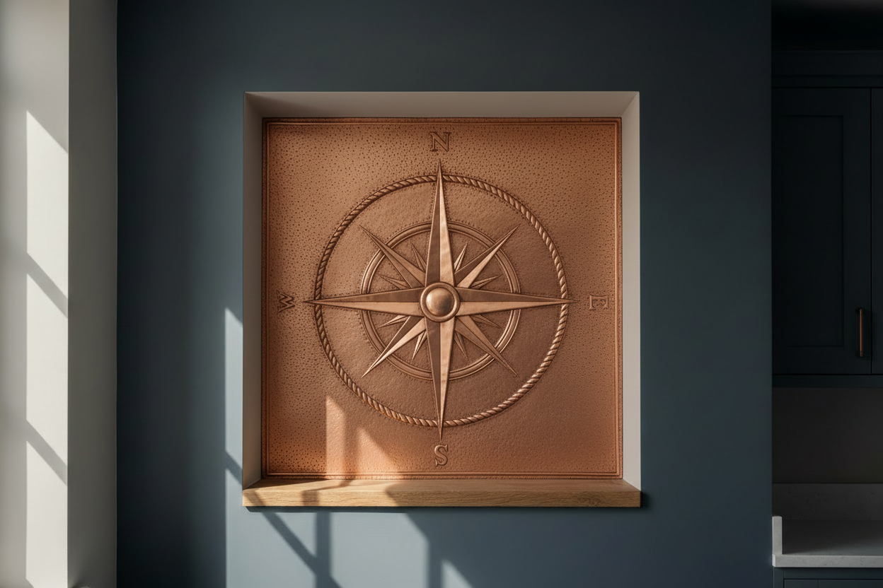 Hand-hammered copper panel fitted inside deep recessed wall alcove with dark charcoal surround — large nautical compass rose in repoussé relief with eight tapering directional points, fine feather detail, raised center hub, thin circular rope-twist border ring, fine stipple texture background, warm rose-gold copper glowing dramatically inside dark recess