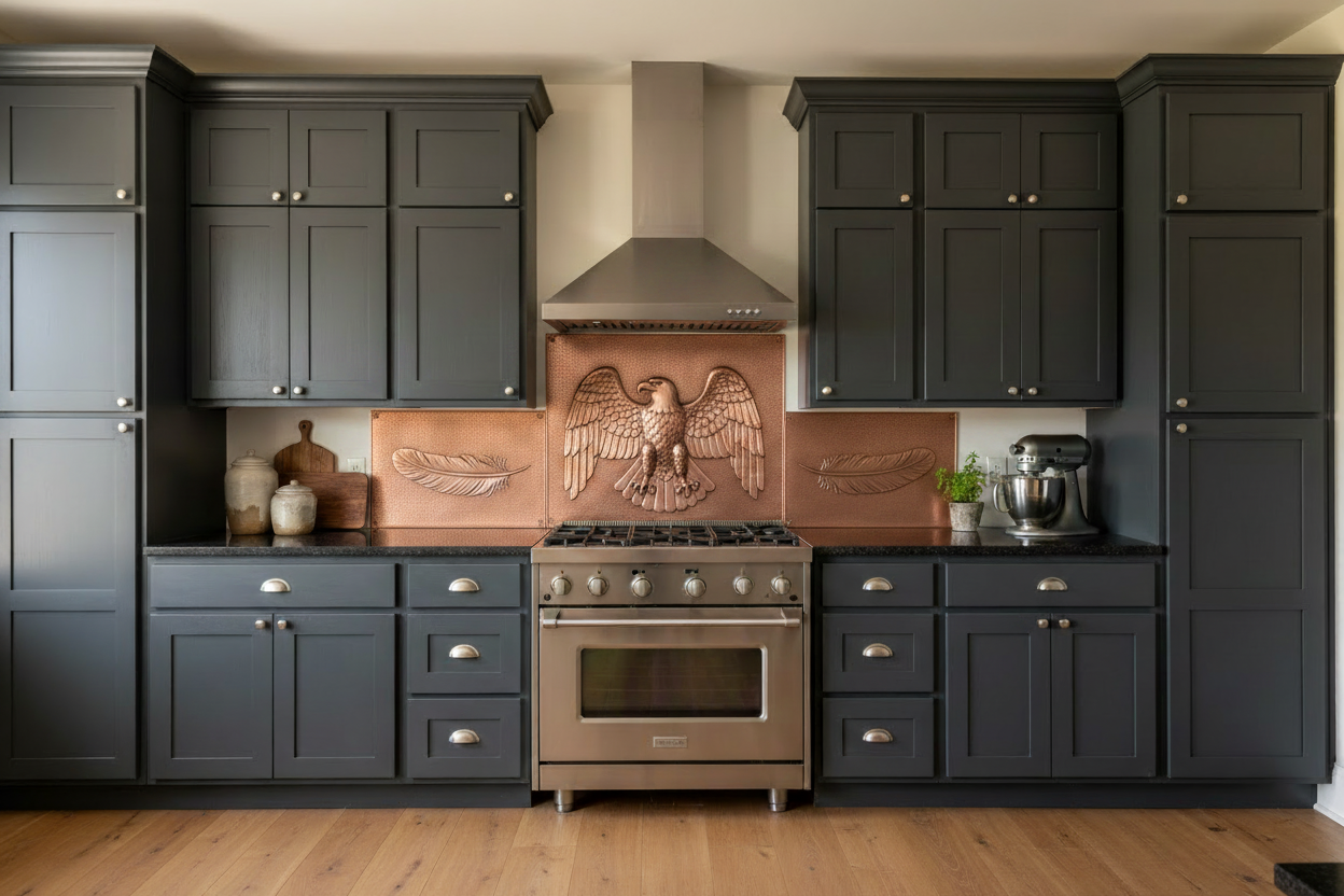 Copper backsplash behind range with bald eagle repoussé design, pure copper, 3-panel set, eagle feather side panels, dark charcoal kitchen