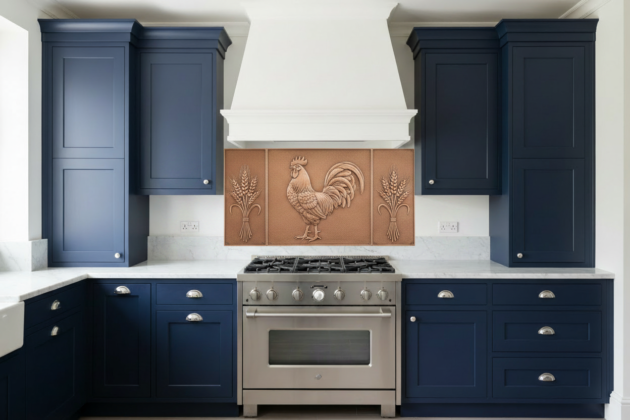 Three perfect rectangle copper panels spanning full kitchen wall around 36-inch range — iconic farmhouse rooster standing upright with full tail feathers in repoussé relief on wide center panel, wheat bundle on each side panel, warm natural copper tone matching magnolia reference, fine stipple background, navy blue shaker cabinets with polished nickel hardware, white marble countertop, classic kitchen
