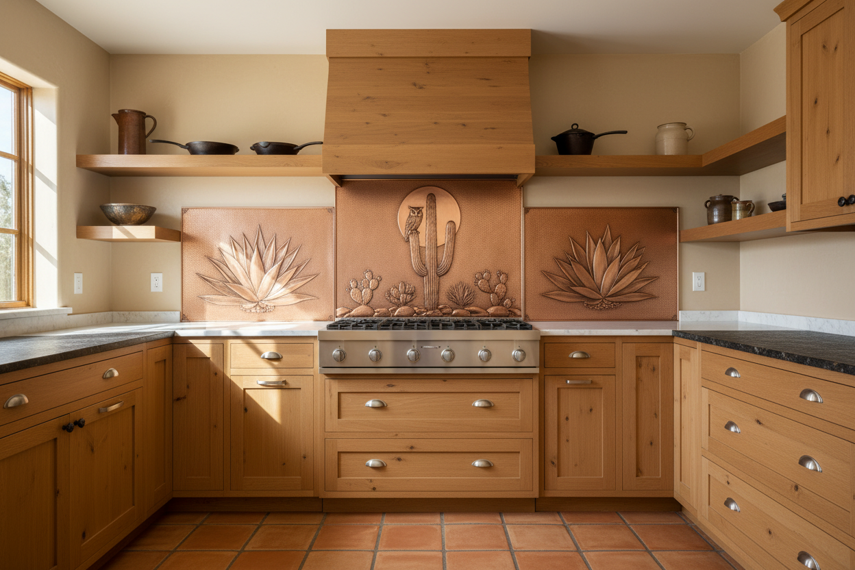 Copper wide wall kitchen backsplash with desert design — saguaro cactus, moon and owl center panel, agave side panels — ranch house kitchen
