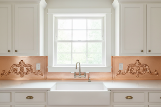Custom-fit hand-hammered copper backsplash panels on sink wall with window — tall side panels with classical acanthus leaf scroll repoussé relief fitted precisely around window trim and cabinet edges, short panel below window above farmhouse sink, warm rose-gold copper, traditional white kitchen