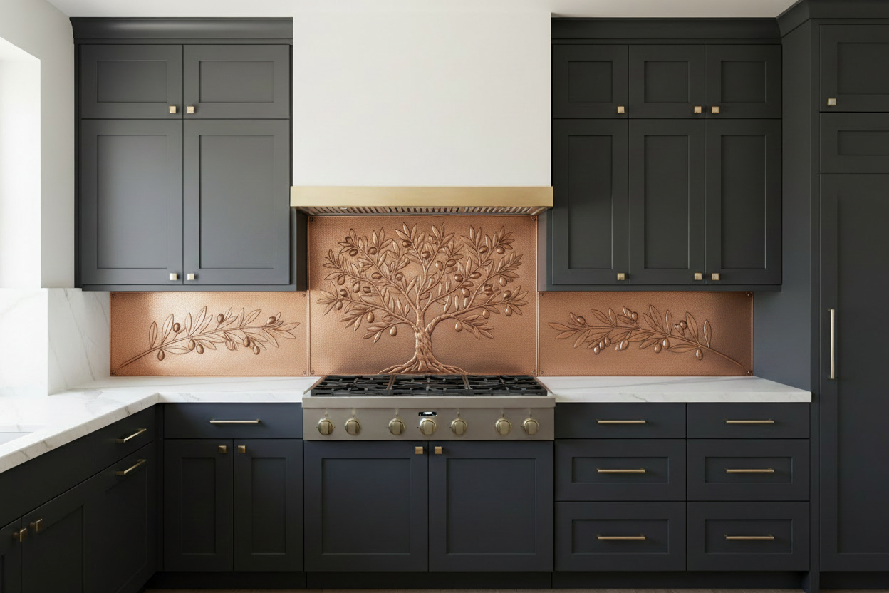 Three copper panels spanning full kitchen wall behind 36-inch range — complete olive tree with gnarled trunk, spreading branches, olive clusters and narrow leaves in repoussé relief on wide center panel matching hood width, single olive branch on each side panel, warm natural copper tone, fine stipple background, dark charcoal flat-front cabinets with brushed gold hardware, Calacatta marble countertop, modern luxury kitchen