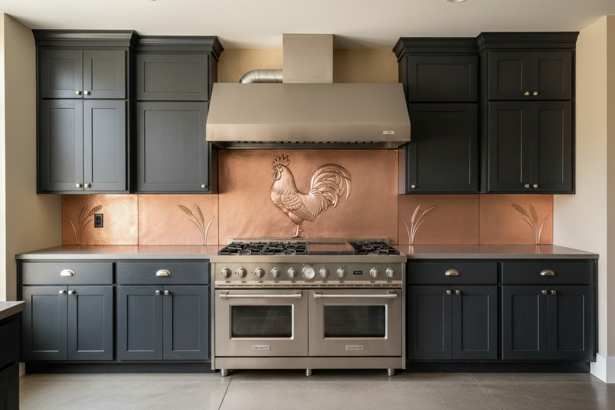 Copper commercial-style range backsplash with rooster center panel, wheat stalk side panels leaning inward, outlet cutout, visible seams, low relief, dark charcoal chef's kitchen