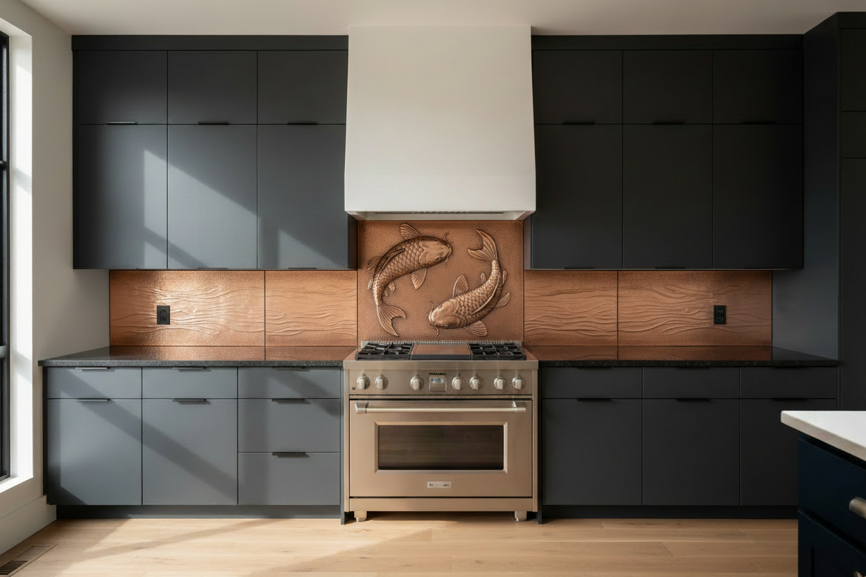 Three copper panels in dramatic dark charcoal kitchen — two koi fish swimming in opposite directions in repoussé relief on tall wide center panel with detailed overlapping scales, flowing fins and whisker barbels, shorter side panels with water ripple accents, warm natural copper tone matching magnolia reference, fine stipple background, black hairline seams, charcoal flat-front cabinets, black granite countertop, professional range with tall plaster hood