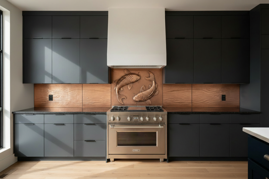 Three copper panels in dramatic dark charcoal kitchen — two koi fish swimming in opposite directions in repoussé relief on tall wide center panel with detailed overlapping scales, flowing fins and whisker barbels, shorter side panels with water ripple accents, warm natural copper tone matching magnolia reference, fine stipple background, black hairline seams, charcoal flat-front cabinets, black granite countertop, professional range with tall plaster hood