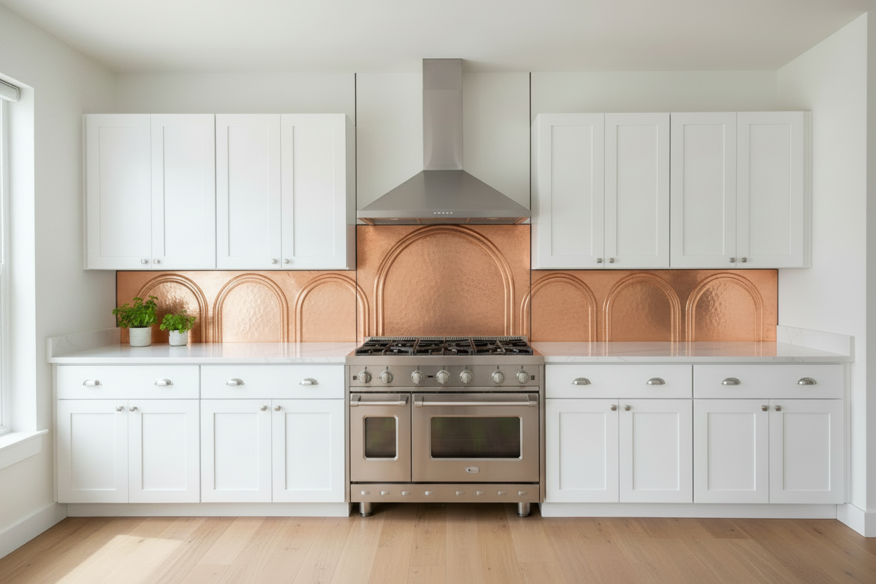 Three hand-hammered copper backsplash panels with Roman arch repoussé design installed beneath stainless chimney range hood — single arch on tall center panel, independent arch patterns on wide side panels filling full wall edge to edge