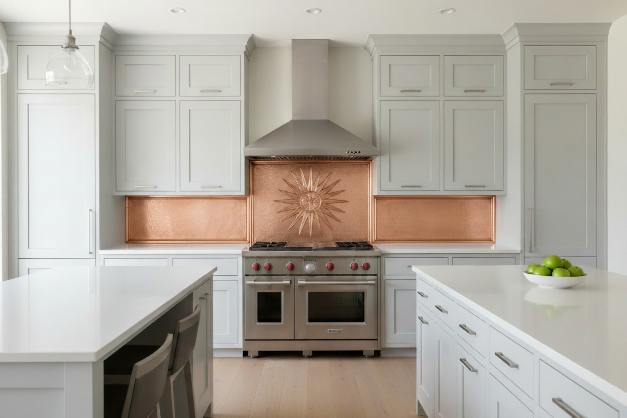 Three hand-hammered copper backsplash panels in light grey kitchen — bold sunburst medallion on tall center panel behind range, matching wide side extension panels with thin raised border filling full wall under upper cabinets, warm rose-gold copper, stainless chimney hood