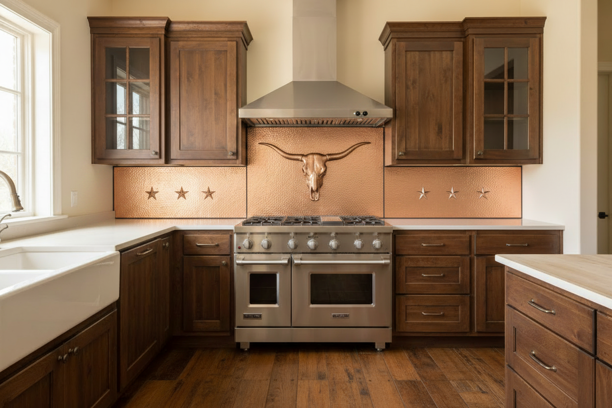 Copper wide range backsplash with Texas Longhorn skull center panel, three-star side panels, outlet cutout, low relief, warm rustic kitchen