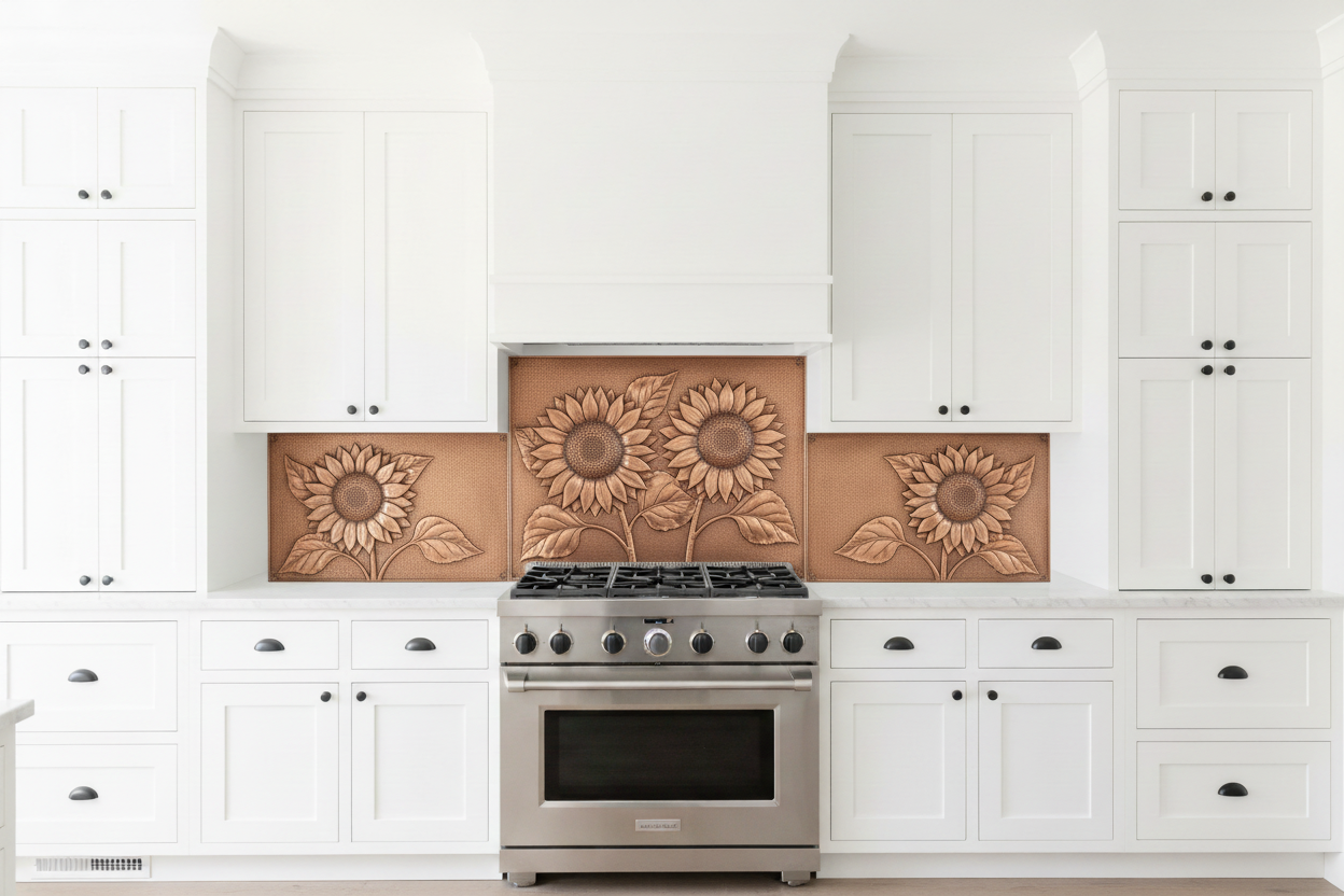 Three copper panels spanning full kitchen wall behind 36-inch range — three large sunflowers with thick stems, broad leaves and detailed seed-head centers in repoussé relief on center panel, single sunflower on each side panel, warm natural copper tone matching magnolia reference, fine stipple background, white shaker cabinets with matte black hardware, white marble countertop, modern farmhouse kitchen