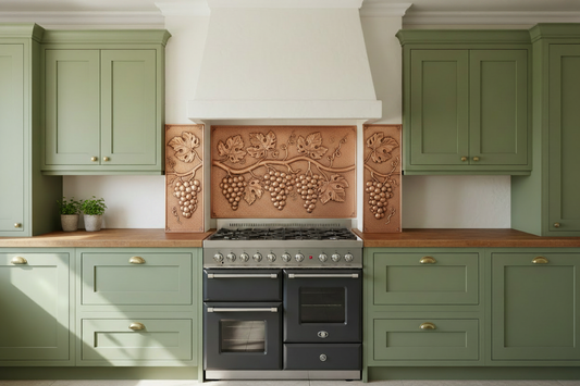Three perfect rectangle copper panels spanning full kitchen wall behind 36-inch range — lush Tuscan grapevine with heavy grape clusters, broad five-lobed leaves and curling tendrils in repoussé relief on taller wide center panel, single grape cluster with leaves on each side panel, warm natural copper tone matching magnolia reference, fine stipple background, sage green shaker cabinets with antique brass hardware, butcher block countertop, cozy kitchen