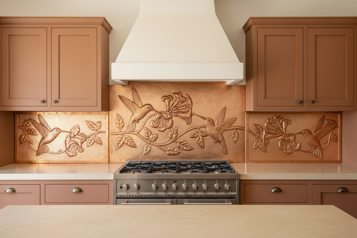 Three copper panels spanning full kitchen wall behind 36-inch range — two hummingbirds in flight with trumpet vine flowers and leaves in repoussé relief on center panel, single hummingbird with vine on each side panel, warm natural copper tone matching magnolia reference, fine stipple background, terracotta shaker cabinets with aged bronze hardware, cream limestone countertop, Mediterranean kitchen