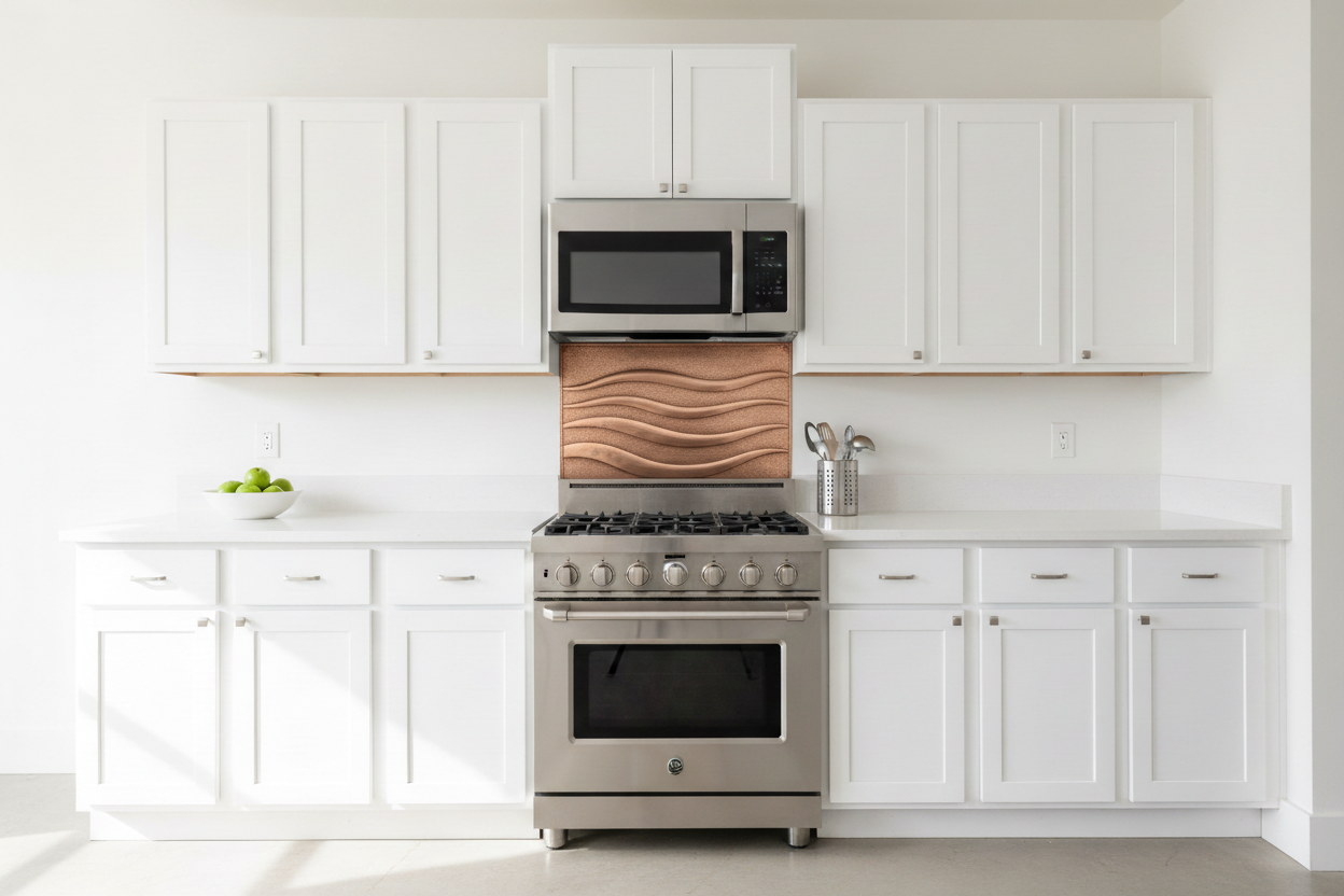 Wide shallow hand-hammered copper backsplash panel with bold wave bands repoussé design installed between stove and over-the-range microwave in white kitchen
