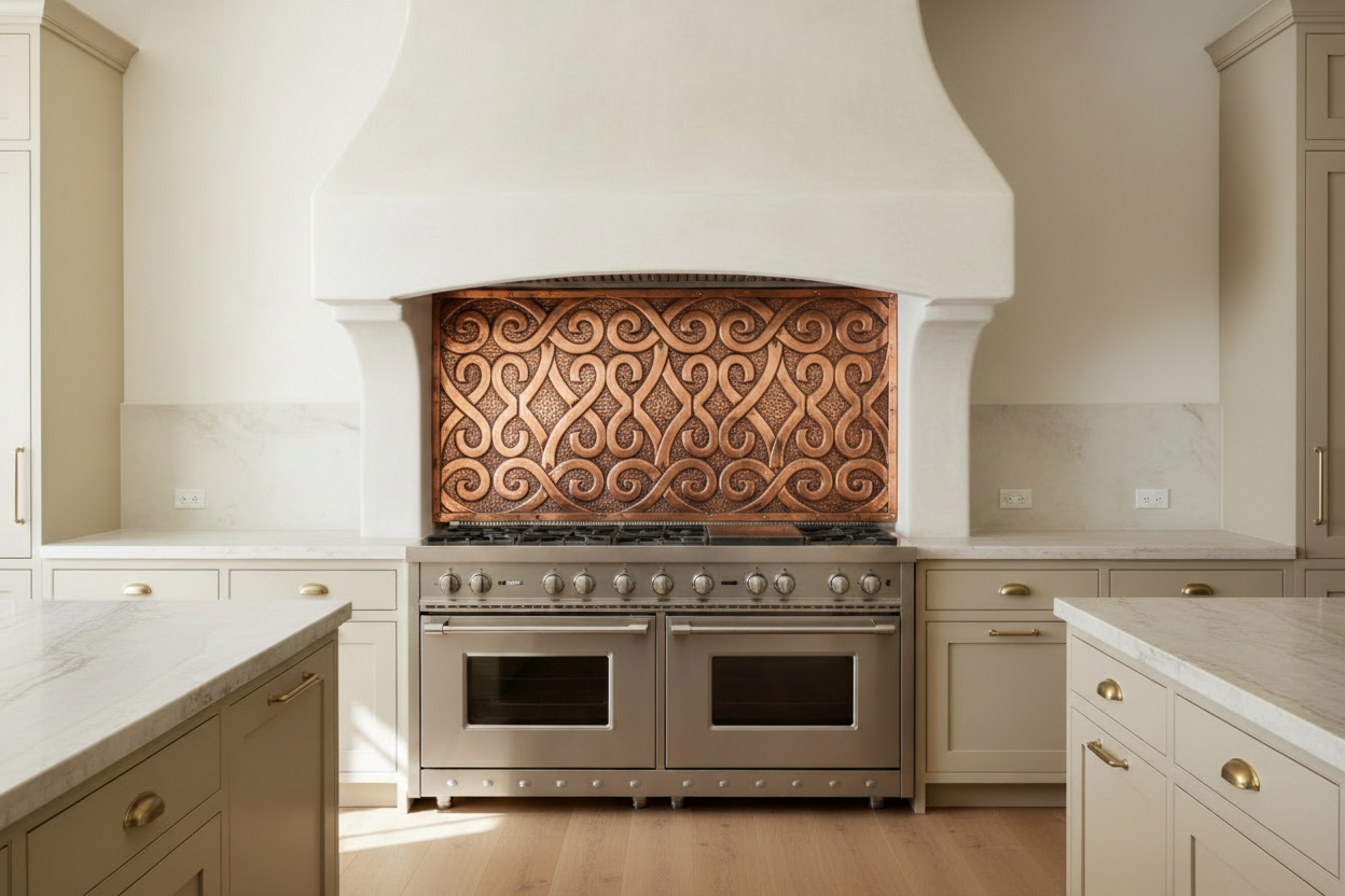 Wide hand-hammered copper backsplash panel with bold arabesque interlace repoussé design installed beneath large plaster range hood with professional 60-inch range in luxury kitchen