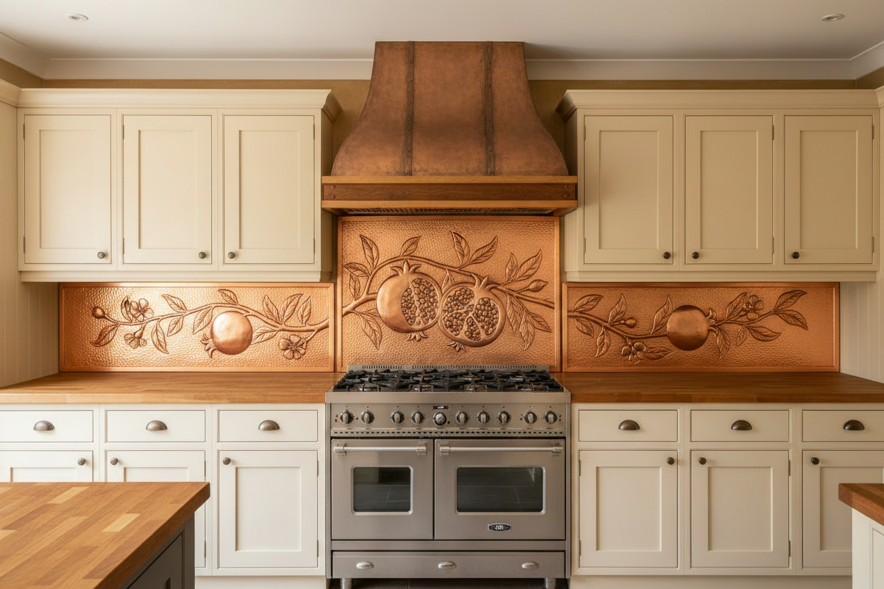 Three equal copper panels spanning full kitchen wall behind 48-inch range — continuous pomegranate branch repoussé relief with open and whole pomegranates, blossoms and leaves flowing across all three panels, warm natural copper tone, fine stipple background, moderate smooth relief, warm cream shaker cabinets, marble countertop
