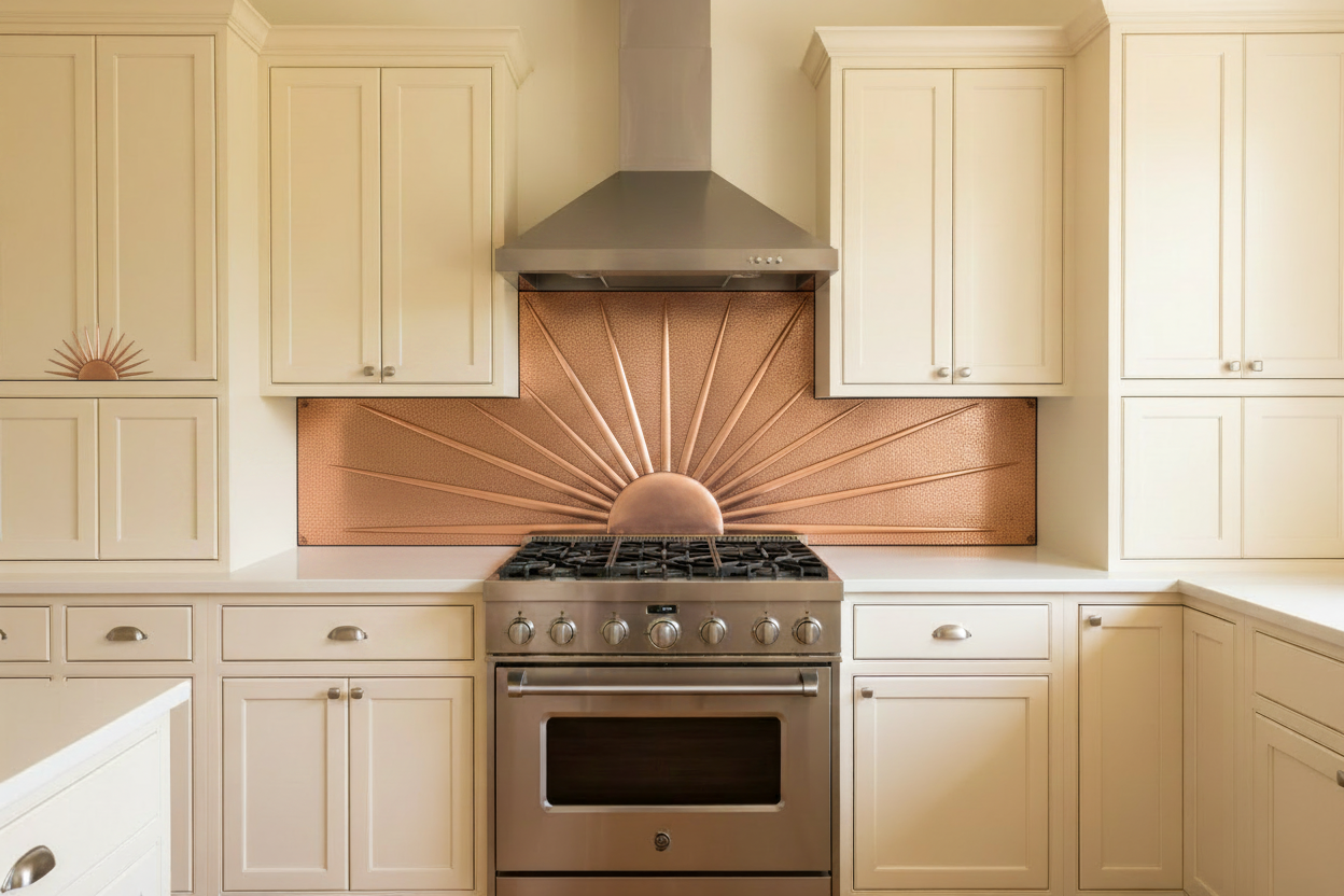 Copper range wall backsplash with Art Deco sunburst repoussé design, 3-panel set, tapered rays, quarter-sunburst side panels, warm white kitchen