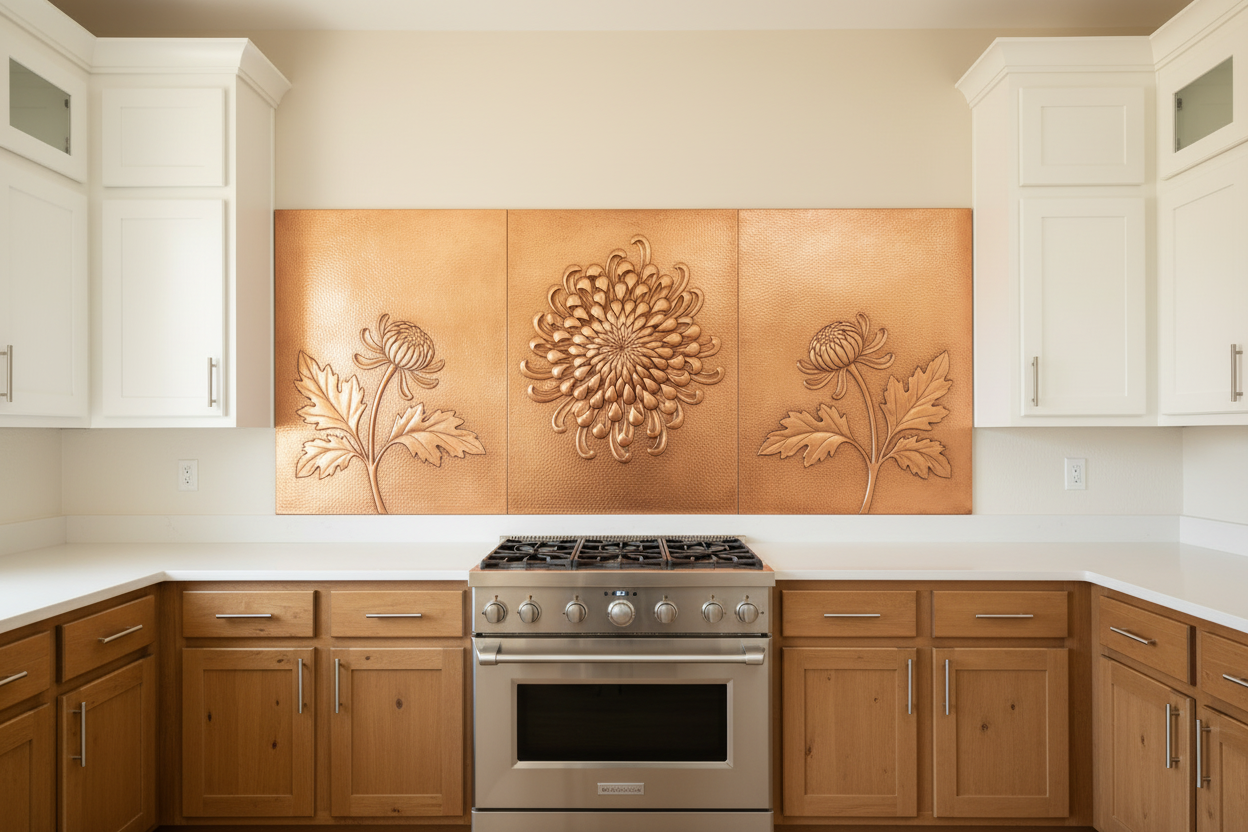 Three equal copper panels spanning full kitchen wall behind 36-inch range — large chrysanthemum bloom centered on middle panel with tightly layered concentric petals in deep repoussé relief, chrysanthemum buds and leaves on side panels, warm natural copper tone, fine stipple background, white shaker cabinets, white quartz countertop