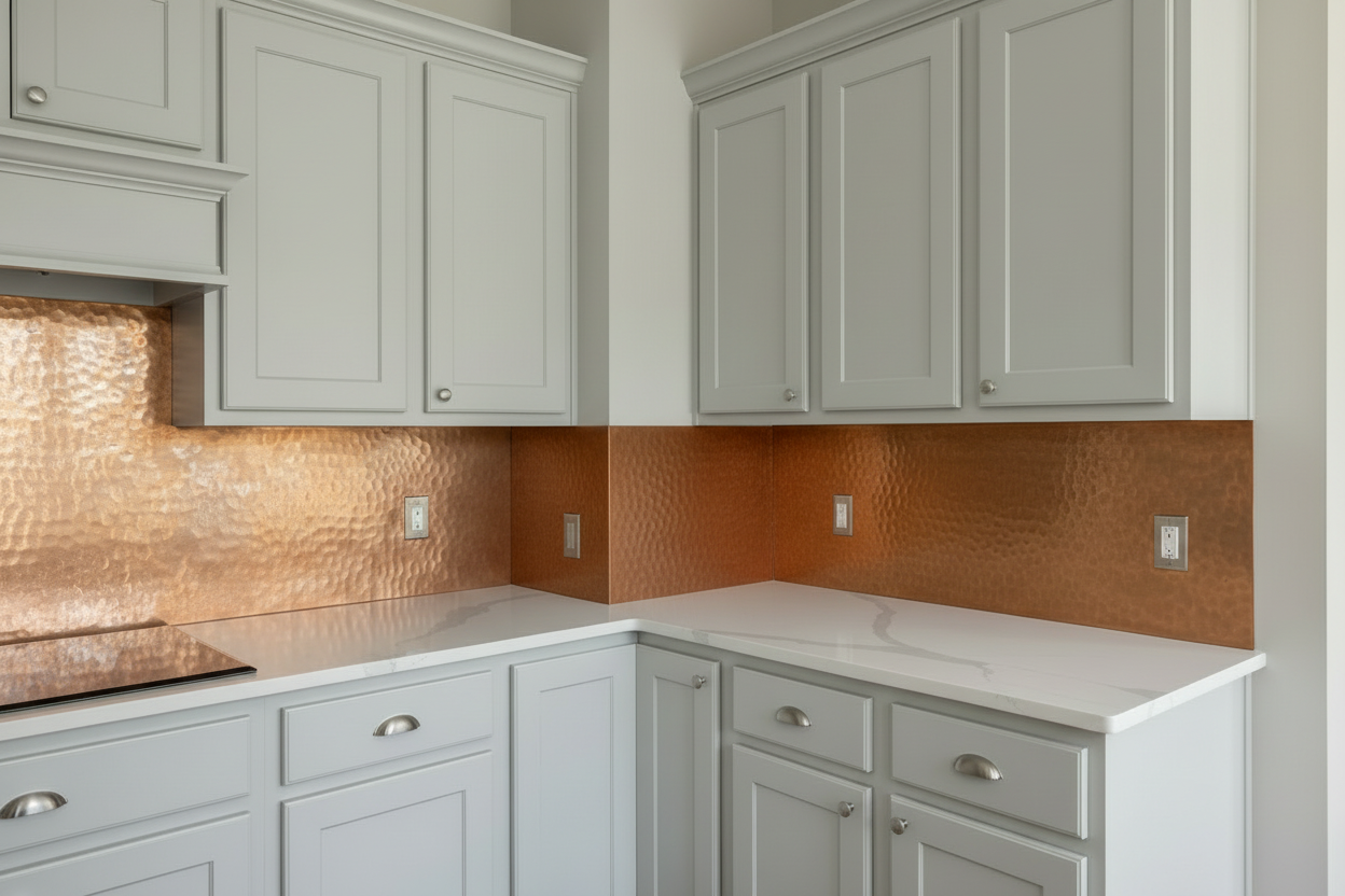 Hand-hammered copper backsplash with side return panel wrapping kitchen corner — wide main panel on back wall and narrow matching return panel on perpendicular side wall, warm rose-gold copper with thin raised border, clean L-shaped installation, white shaker cabinet kitchen