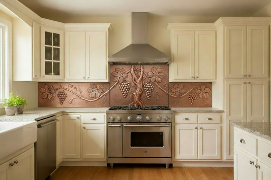Heat-resistant copper stove backsplash with grapevine repoussé design, 3-panel set, thick trunk, grape clusters, warm brown copper, hand-hammered stipple, cream kitchen