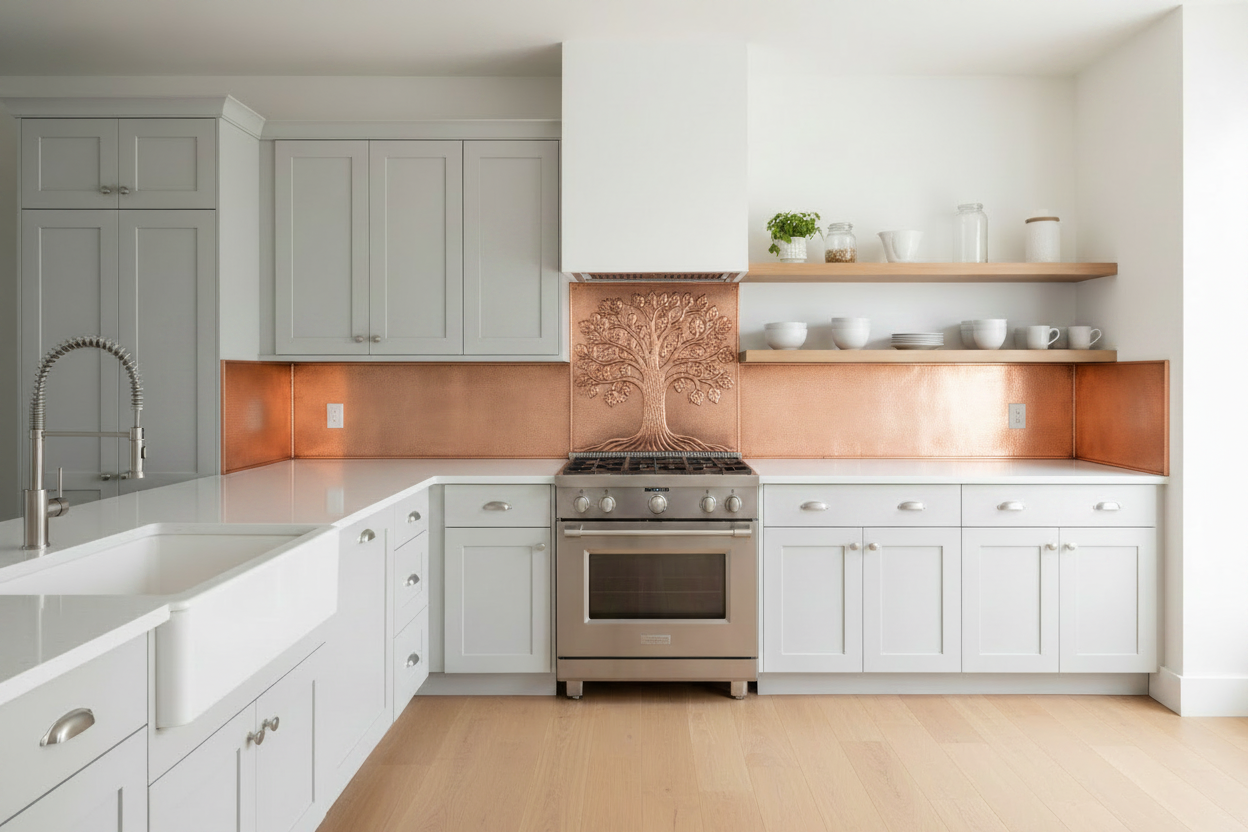 Full-length hand-hammered copper backsplash covering entire galley kitchen wall — Tree of Life repoussé on tall center panel behind range, coordinated copper panels with thin raised border extending wall to wall, warm rose-gold copper, white shaker cabinets, quartz countertops