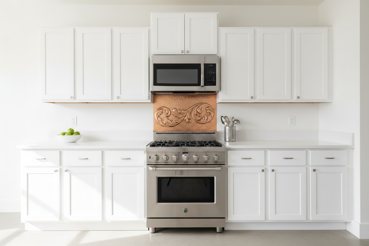 Wide shallow hand-hammered copper backsplash panel with acanthus scroll repoussé design installed in the space between stove and over-the-range microwave