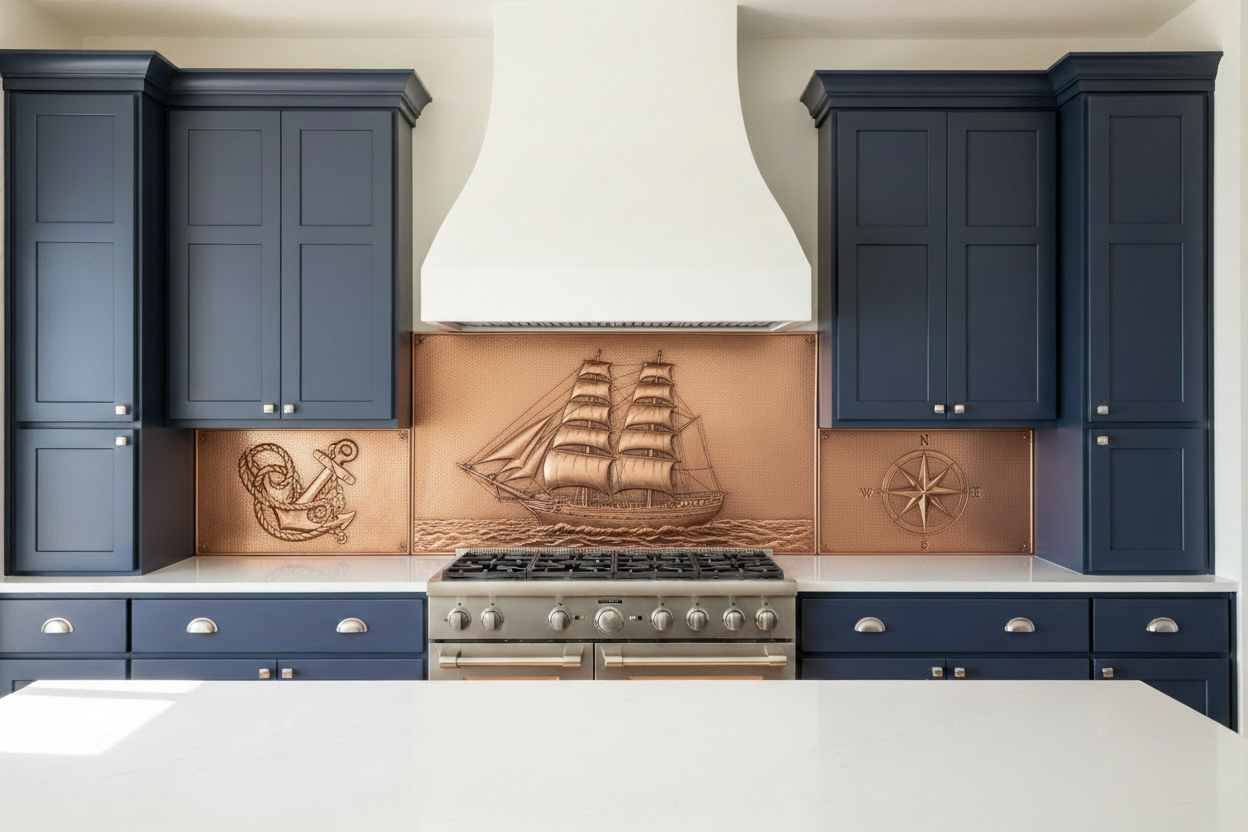 Three copper panels spanning full kitchen wall — wide center panel matching hood width with tall clipper ship at full sail in repoussé relief, anchor and rope left panel, compass rose right panel, warm natural copper tone, fine stipple background, navy blue shaker cabinets, white quartz countertop, coastal kitchen