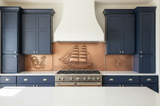 Three copper panels spanning full kitchen wall — wide center panel matching hood width with tall clipper ship at full sail in repoussé relief, anchor and rope left panel, compass rose right panel, warm natural copper tone, fine stipple background, navy blue shaker cabinets, white quartz countertop, coastal kitchen