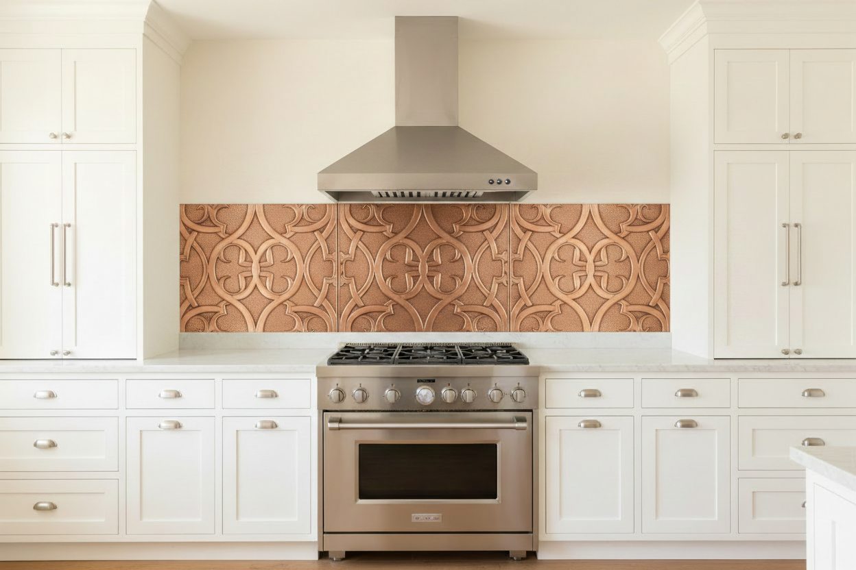 Three equal copper panels spanning full kitchen wall behind 48-inch range — continuous arabesque flowing curved interlocking pattern in repoussé relief across all three panels, elegant sinuous curves with generous breathing room, warm natural copper tone, fine stipple background, raised curves catching light, white shaker cabinets, white marble countertop