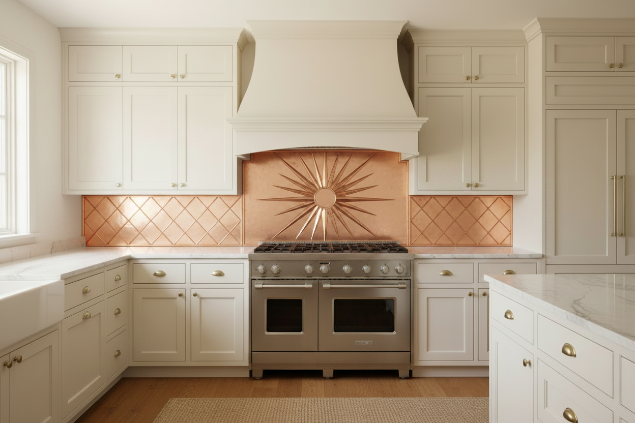 Three hand-hammered copper backsplash panels installed beneath elegant plaster range hood — bold sunburst medallion on wide center panel, diamond lattice geometric pattern on side panels, warm rose-gold copper, traditional white kitchen