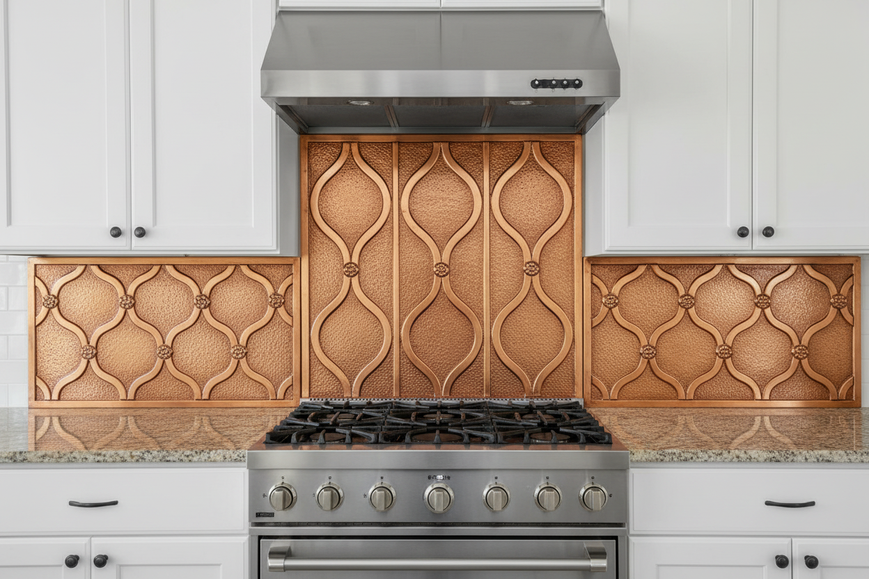 Hand-hammered copper kitchen backsplash with ogee lattice relief pattern, shown as a 3-piece installation with tall center panel behind stove and shorter side panels, natural copper finish