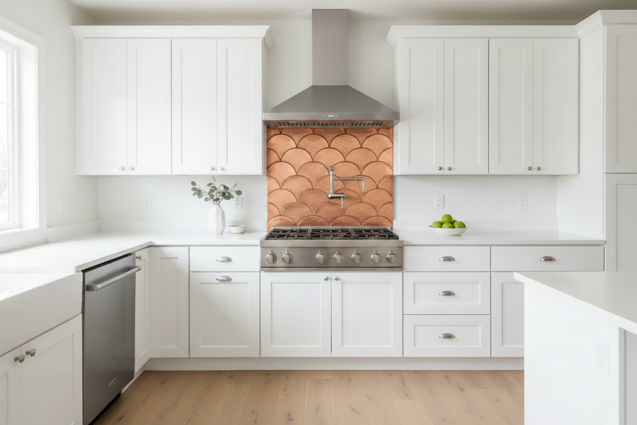 Single hand-hammered copper kitchen backsplash panel with bold fish scale repoussé design and pot filler cutout, installed behind stove in white kitchen