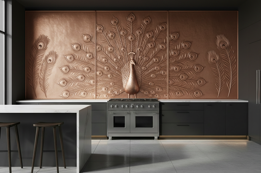 Three tall copper panels spanning full kitchen wall counter to ceiling in luxury kitchen with no upper cabinets — magnificent peacock in full tail fan display filling tall center panel in repoussé relief, individual peacock feathers with eye-spots on side panels, warm natural copper tone matching magnolia reference, fine stipple background, dark charcoal walls, white quartz countertop
