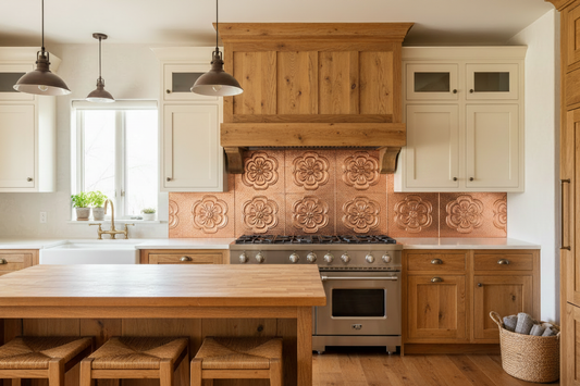 Three hand-hammered copper backsplash panels with continuous Tudor rose repoussé design installed beneath custom wood range hood in farmhouse kitchen — tall center panel with wide side panels filling full wall, thin shadow gap between panels
