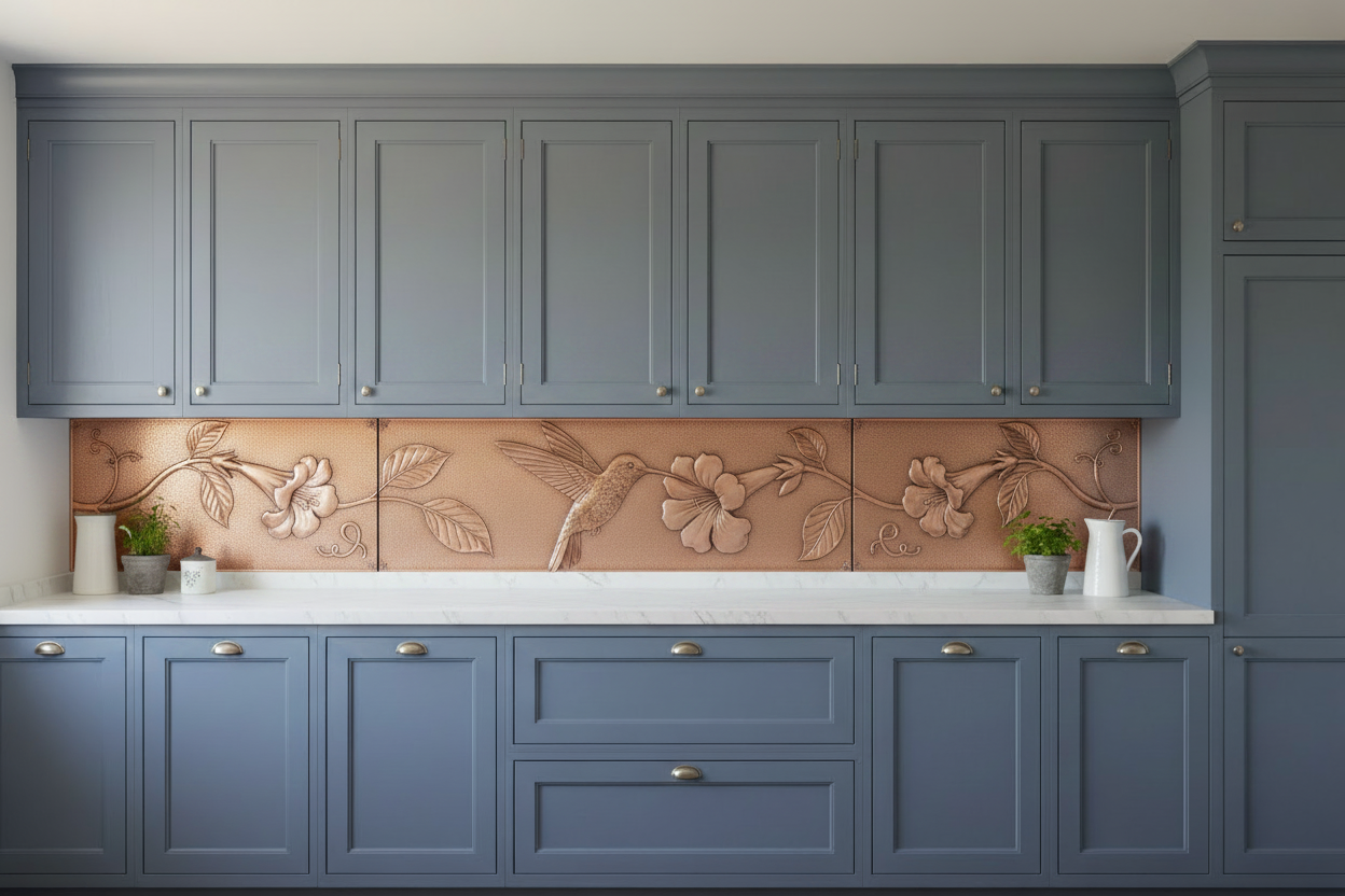 Three copper panels spanning edge-to-edge between cabinets in soft French blue kitchen — hummingbird hovering with wings spread at large trumpet vine flower in repoussé relief on center panel, trumpet flower vine continuing onto each side panel, warm natural copper tone matching magnolia reference, fine stipple background, black hairline seams, French blue shaker cabinets, white marble countertop