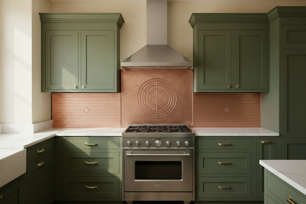 Copper large range backsplash with modern geometric repoussé design, 3-panel set, circle center, horizontal line side panels, low relief, sage green kitchen