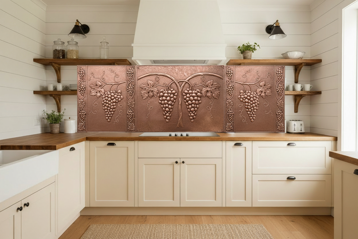 Three hand-hammered copper backsplash panels in warm farmhouse kitchen — center panel with symmetrical grapevine harvest repoussé relief featuring central trunk, grape clusters, curling leaves and tendrils, side panels with repeating grape cluster and leaf border, warm rose-gold copper, butcher block countertops, open wood shelving