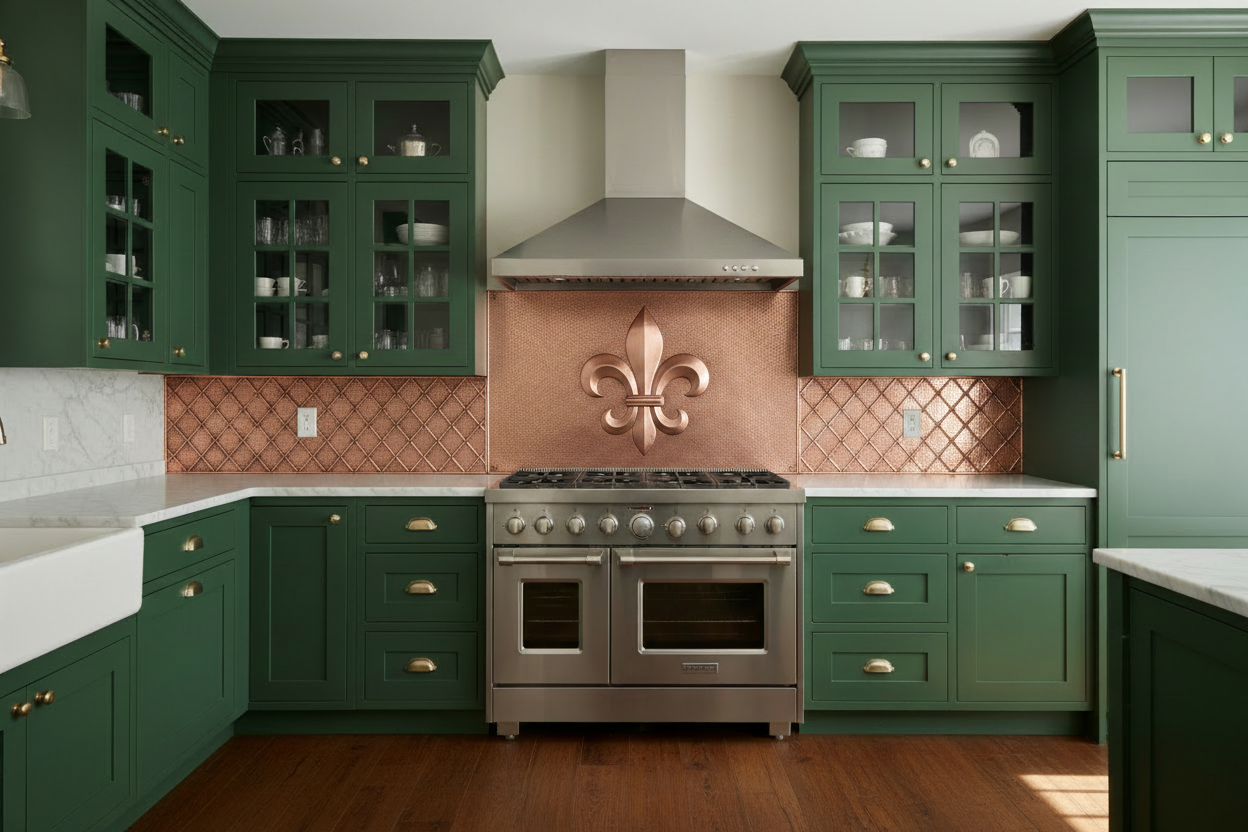 Copper dual fuel range backsplash with Fleur-de-lis center panel and diamond lattice side panels, low relief, deep green traditional kitchen